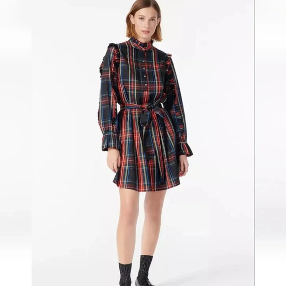 J. Crew Belted ruffle dress in Black Stewart tartan Size Small - Picture 2 of 10